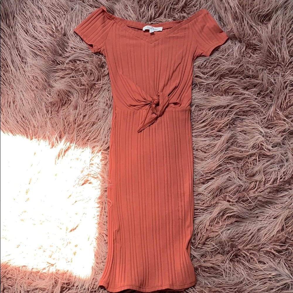 burnt orange tie front body con dress